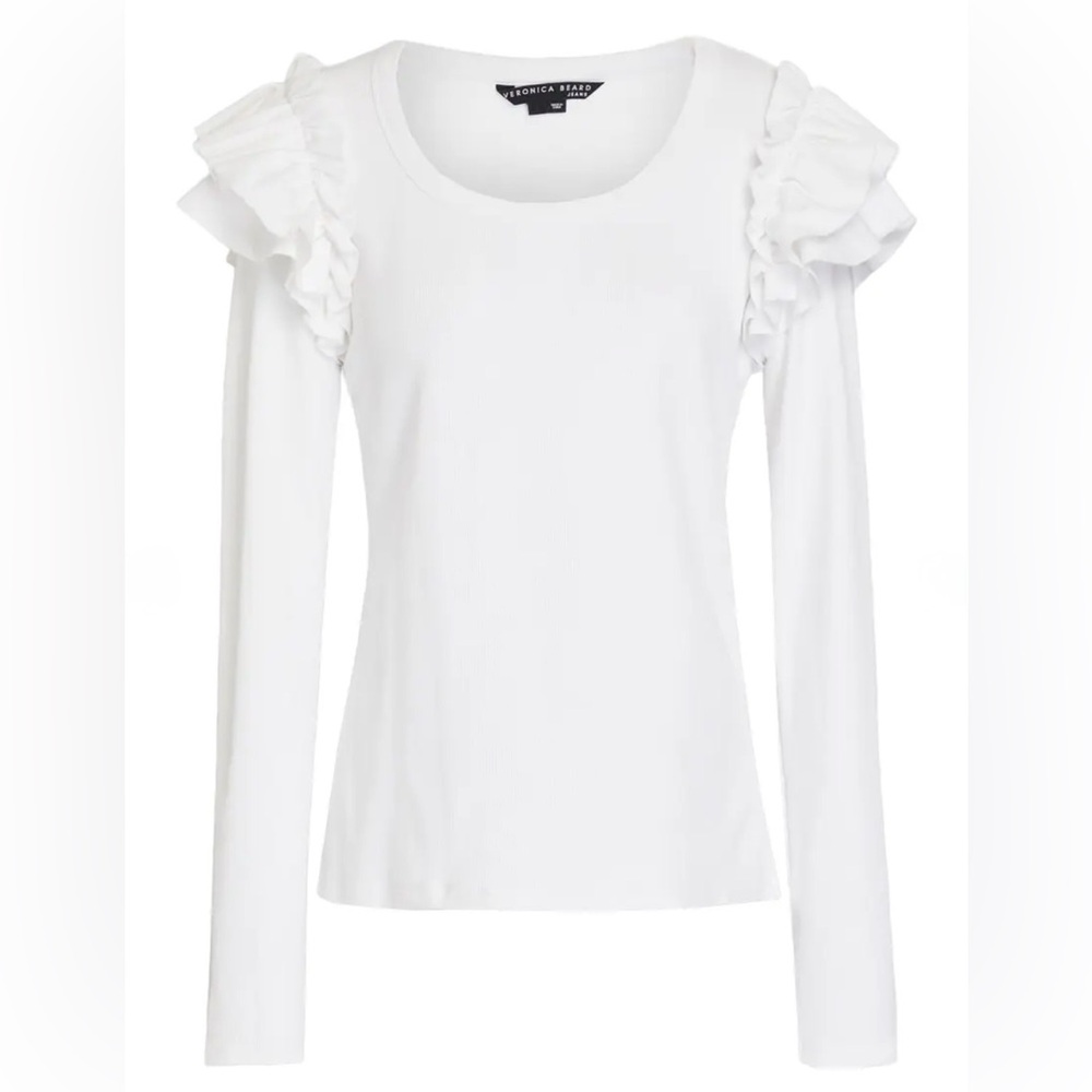 Veronica Beard White Avedon, Long Sleeved Ruffle Top, Size Large